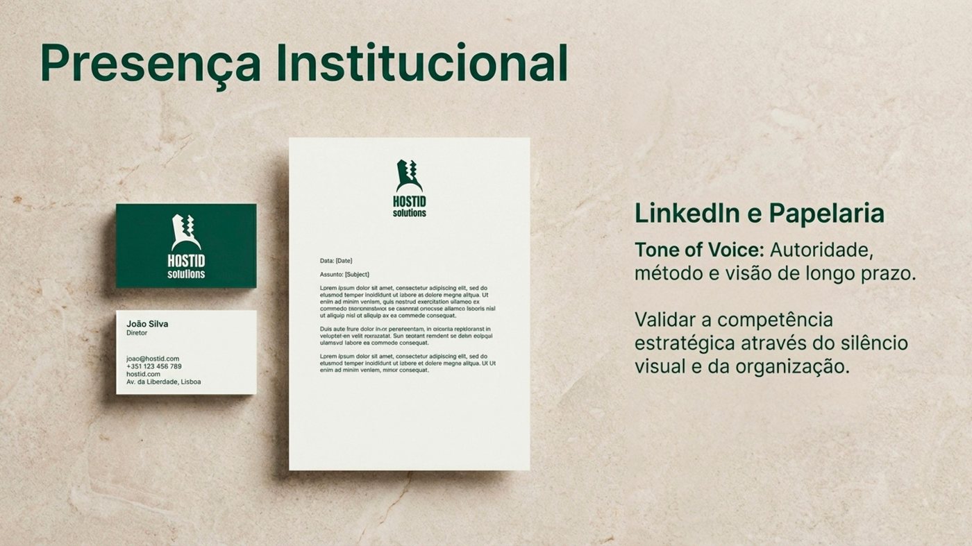 Aplicações institucionais da marca Host ID Solutions em papelaria
